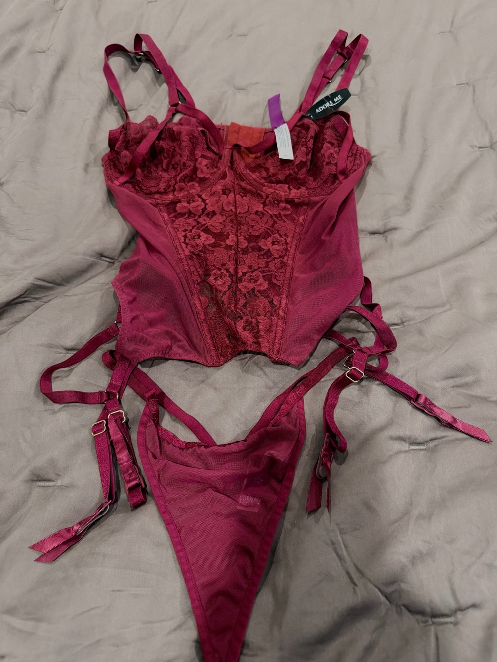 AdoreMe Lace Underwire Corset and Thong Set - Burgundy Size M